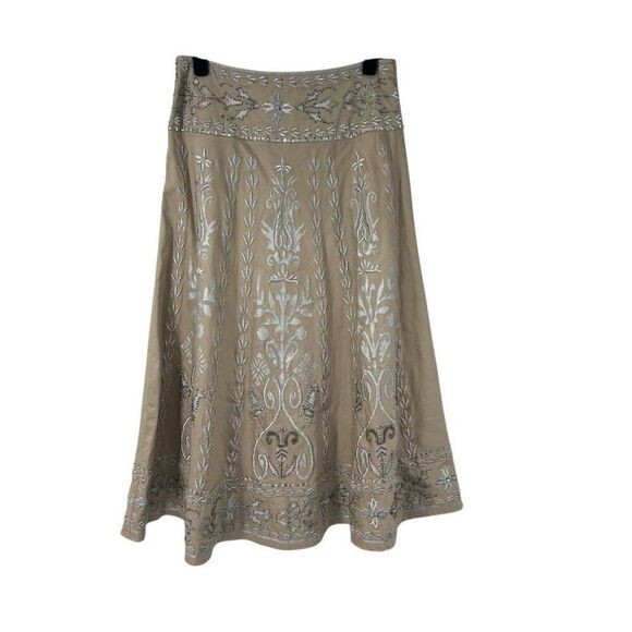 Vanity Collection Beige Silver Embroidered Heavily Beaded Midi Skirt Sz 2 Women’ - Picture 1 of 6